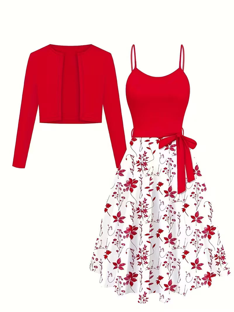 Elegant Red Floral Two-Piece Dress Set