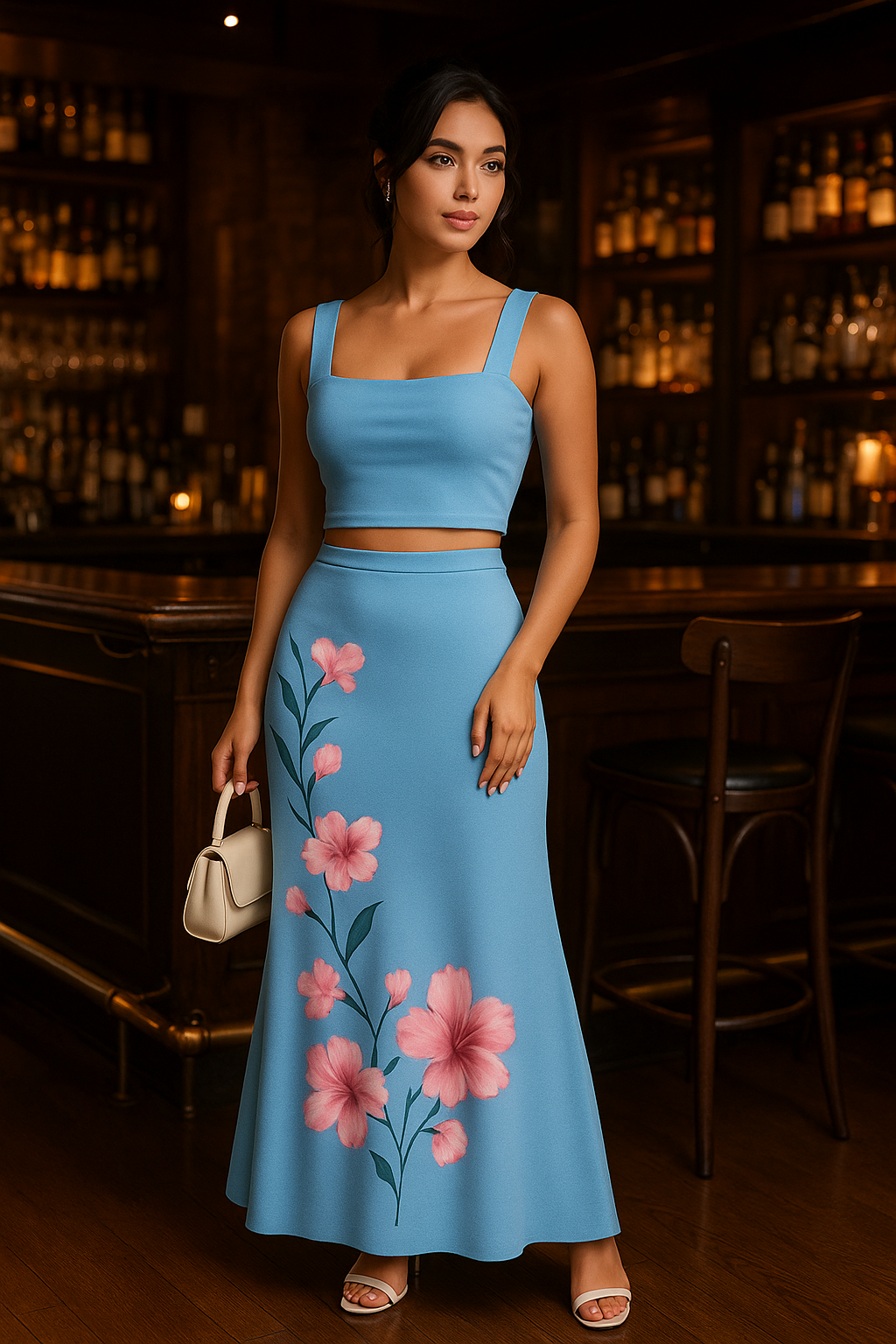 Elegant Blue Floral Two-Piece Maxi Set