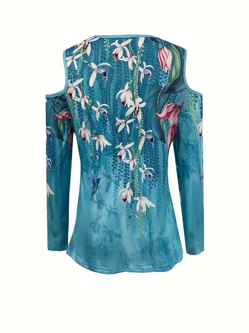 Turquoise floral cold-shoulder top that beautifully blends elegance and ease.