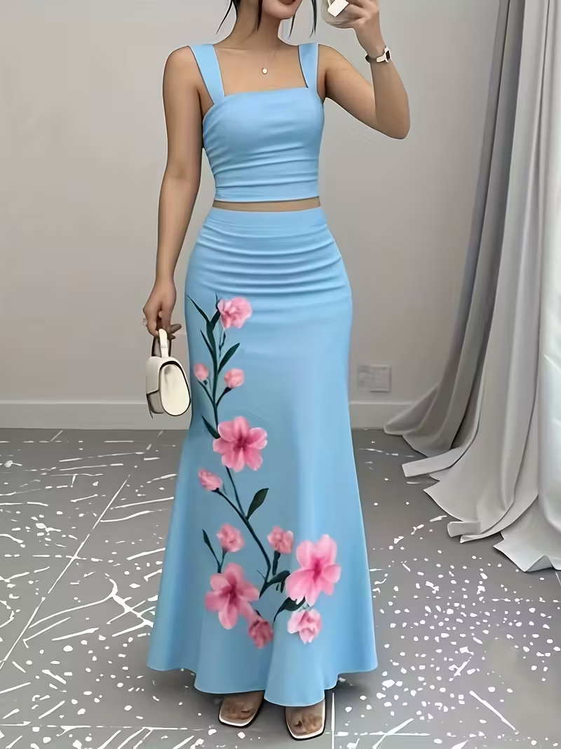 Elegant Blue Floral Two-Piece Maxi Set
