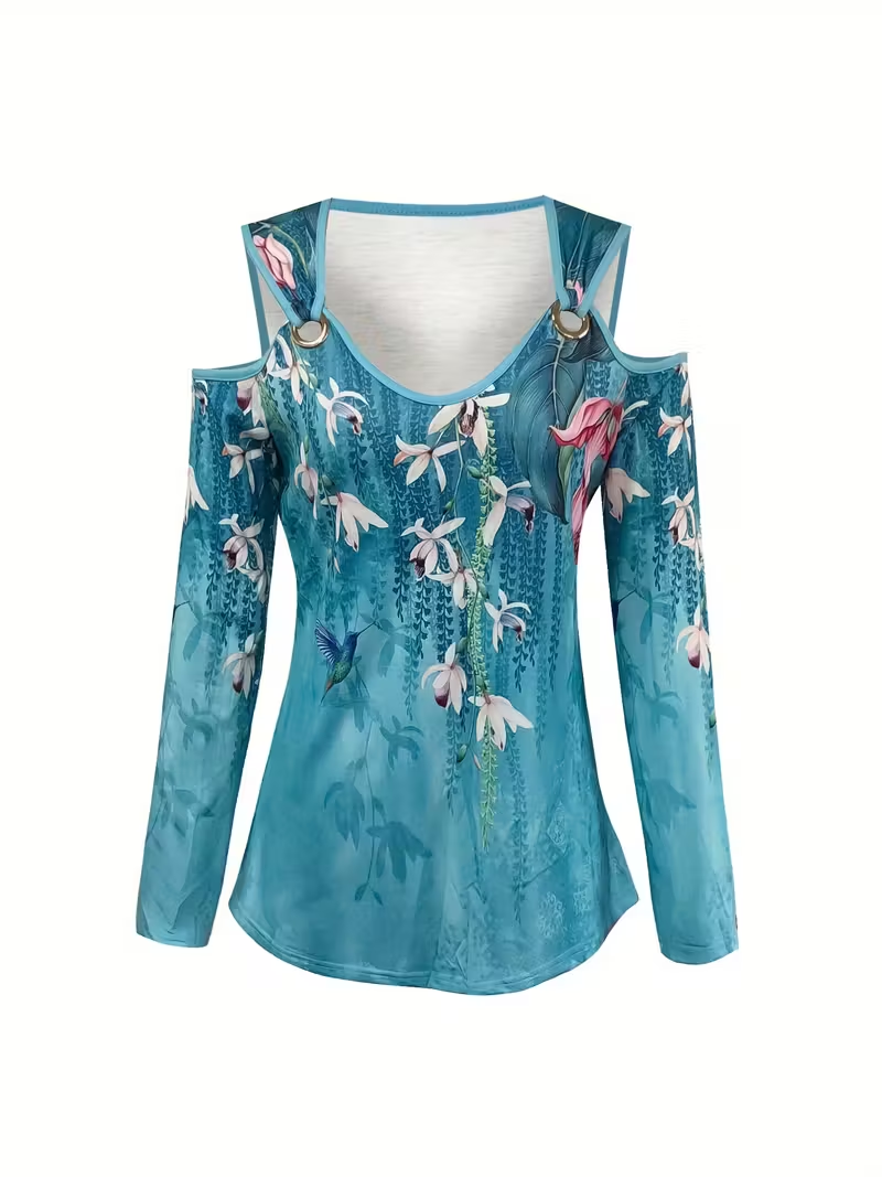 Turquoise floral cold-shoulder top that beautifully blends elegance and ease.