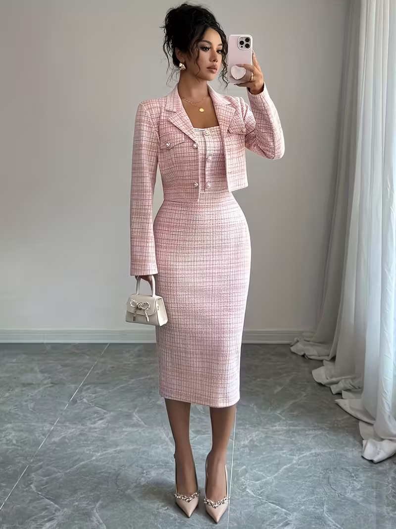 chic and sophisticated pink tweed midi dress ensemble, styled with elegance and confidence.