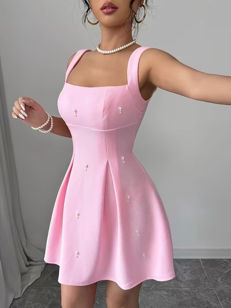Pink Pearl Embellished A-Line Mini Dress