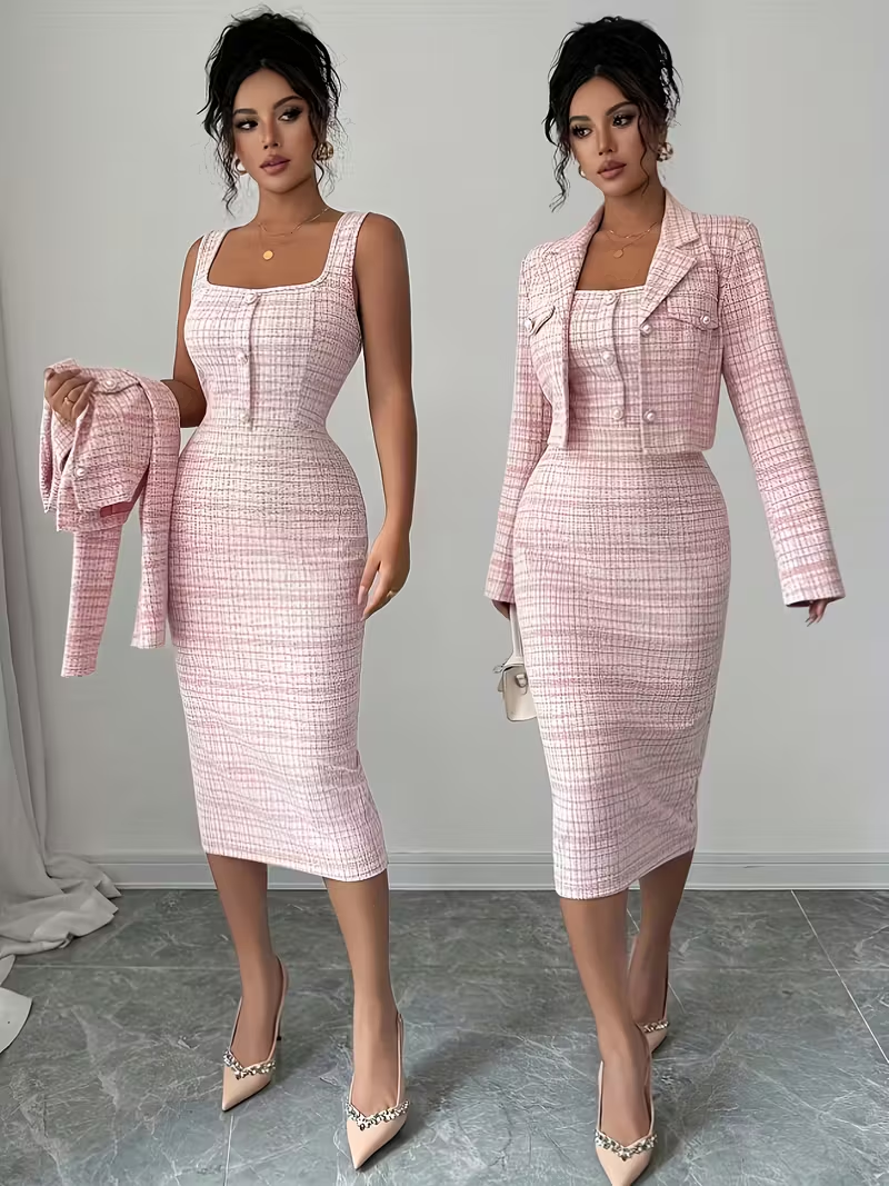 chic and sophisticated pink tweed midi dress ensemble, styled with elegance and confidence.