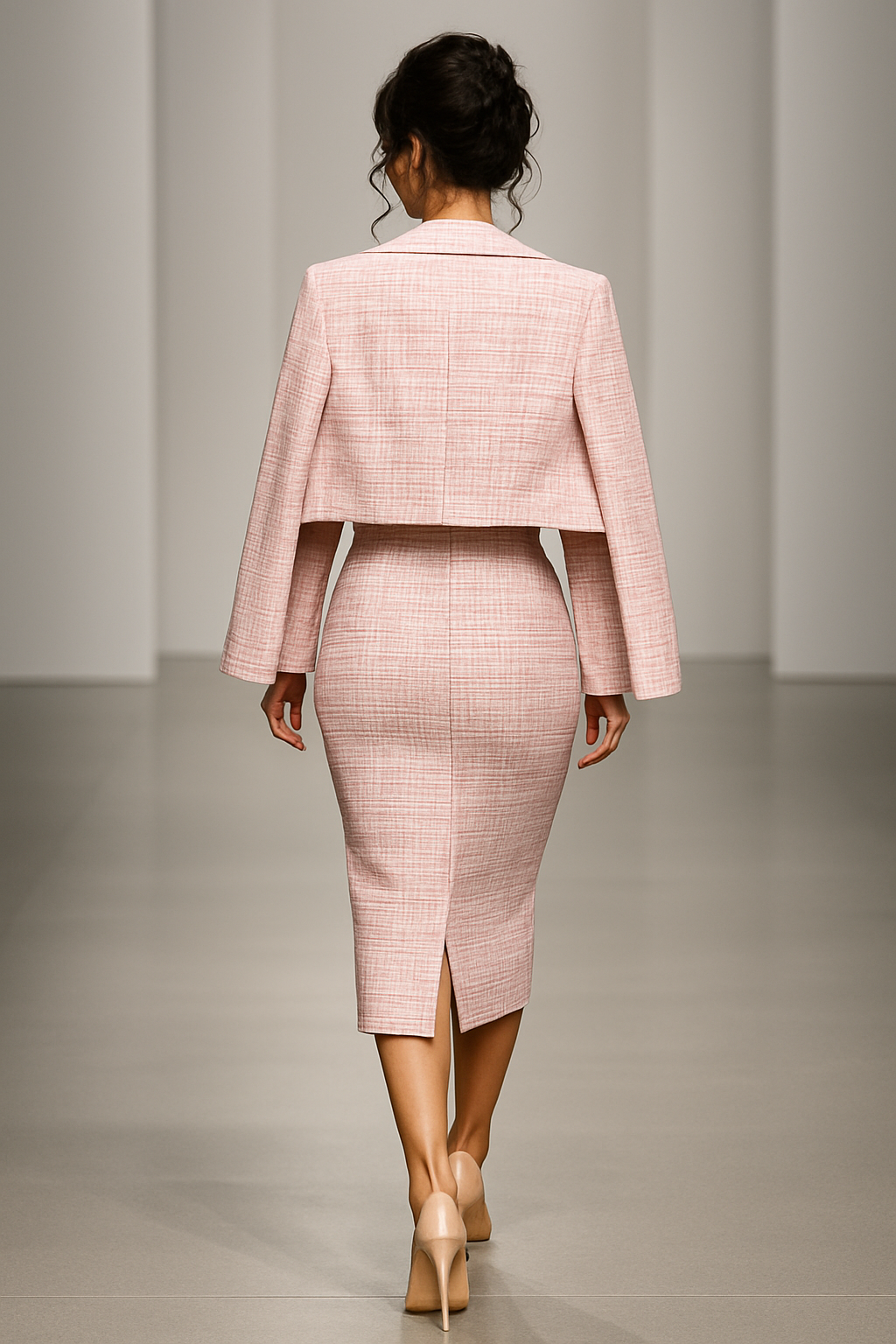 chic and sophisticated pink tweed midi dress ensemble, styled with elegance and confidence.