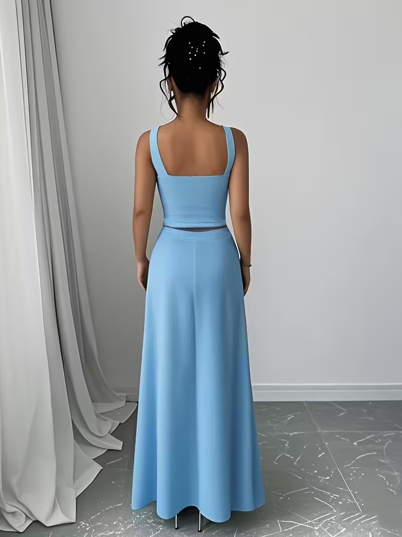 Elegant Blue Floral Two-Piece Maxi Set