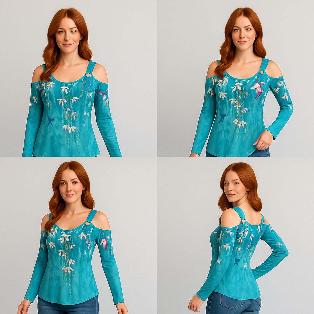 Turquoise floral cold-shoulder top that beautifully blends elegance and ease.