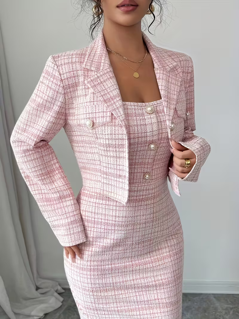 chic and sophisticated pink tweed midi dress ensemble, styled with elegance and confidence.