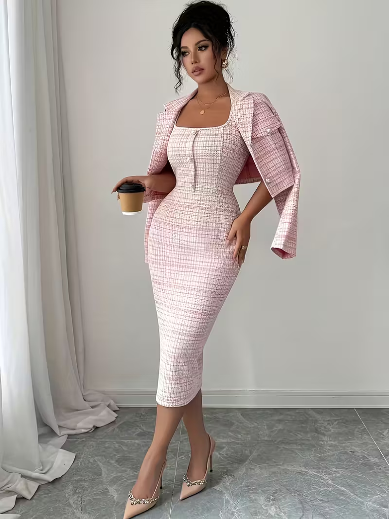 chic and sophisticated pink tweed midi dress ensemble, styled with elegance and confidence.