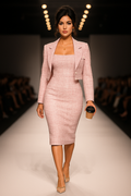 chic and sophisticated pink tweed midi dress ensemble, styled with elegance and confidence.