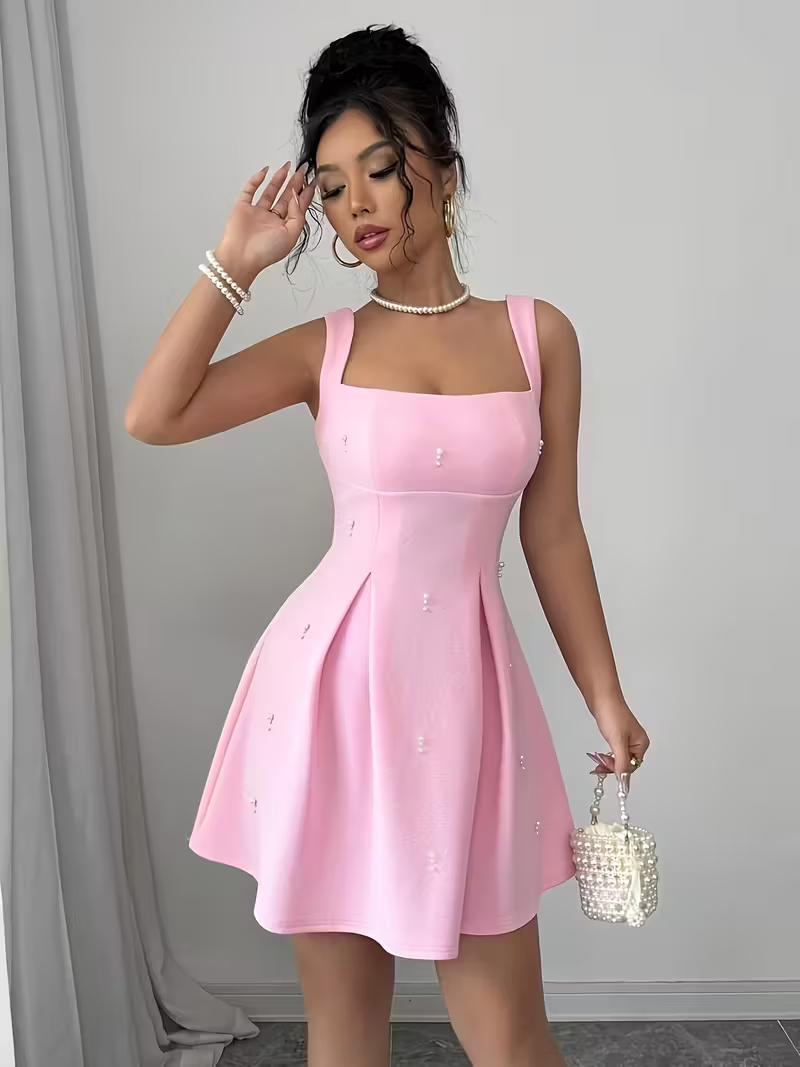 Pink Pearl Embellished A-Line Mini Dress