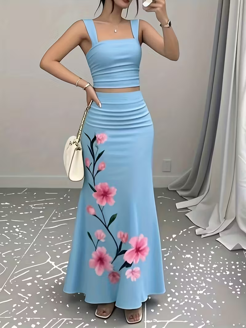 Elegant Blue Floral Two-Piece Maxi Set