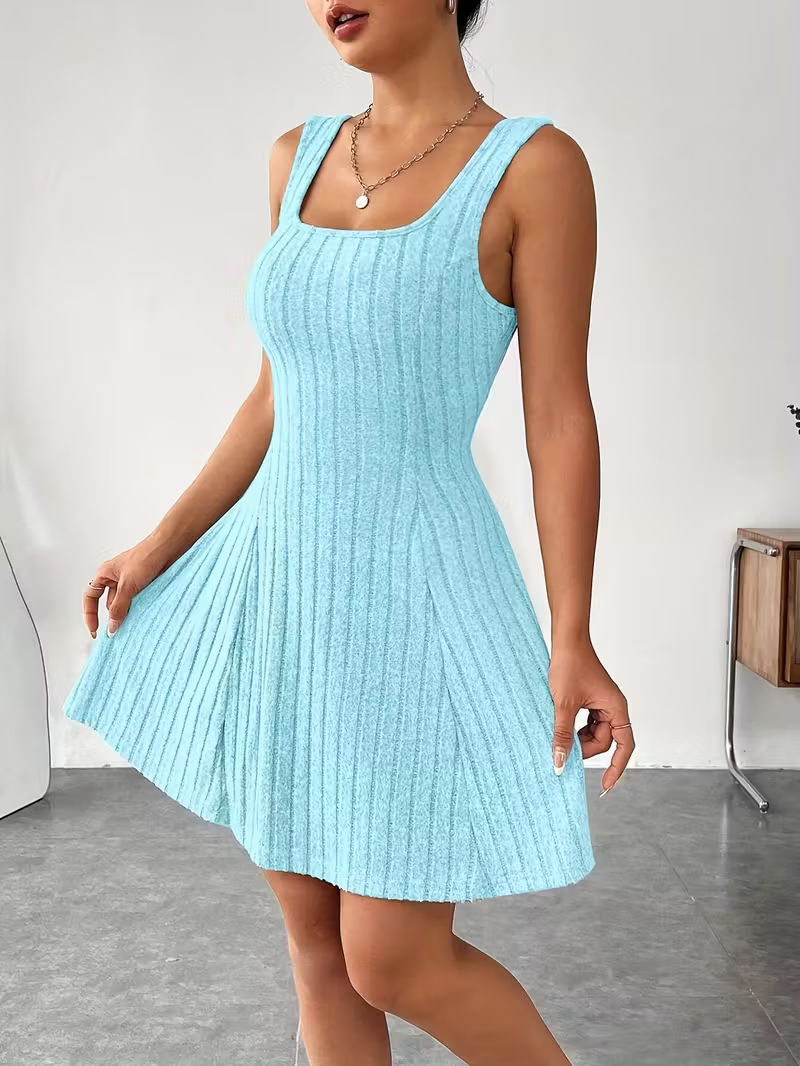 Light Blue Ribbed Knit Skater Dress