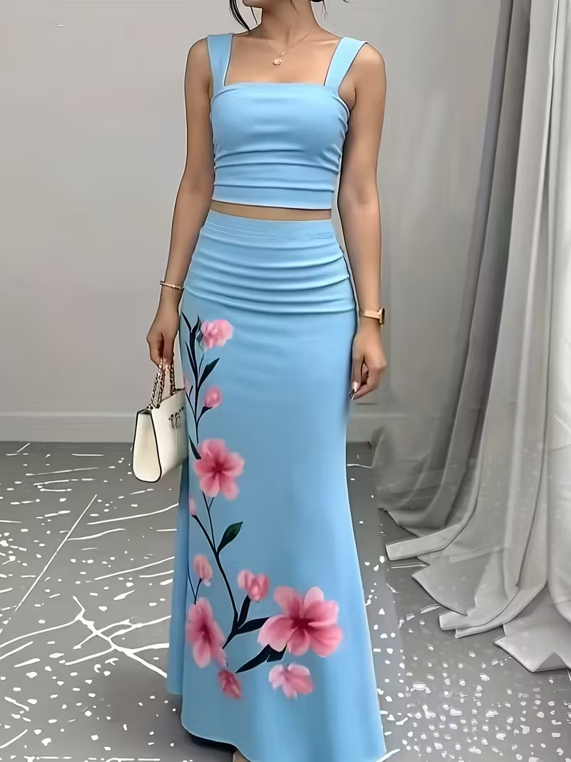 Elegant Blue Floral Two-Piece Maxi Set