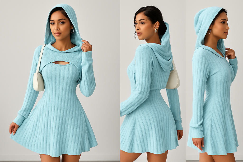 Light Blue Ribbed Knit Skater Dress
