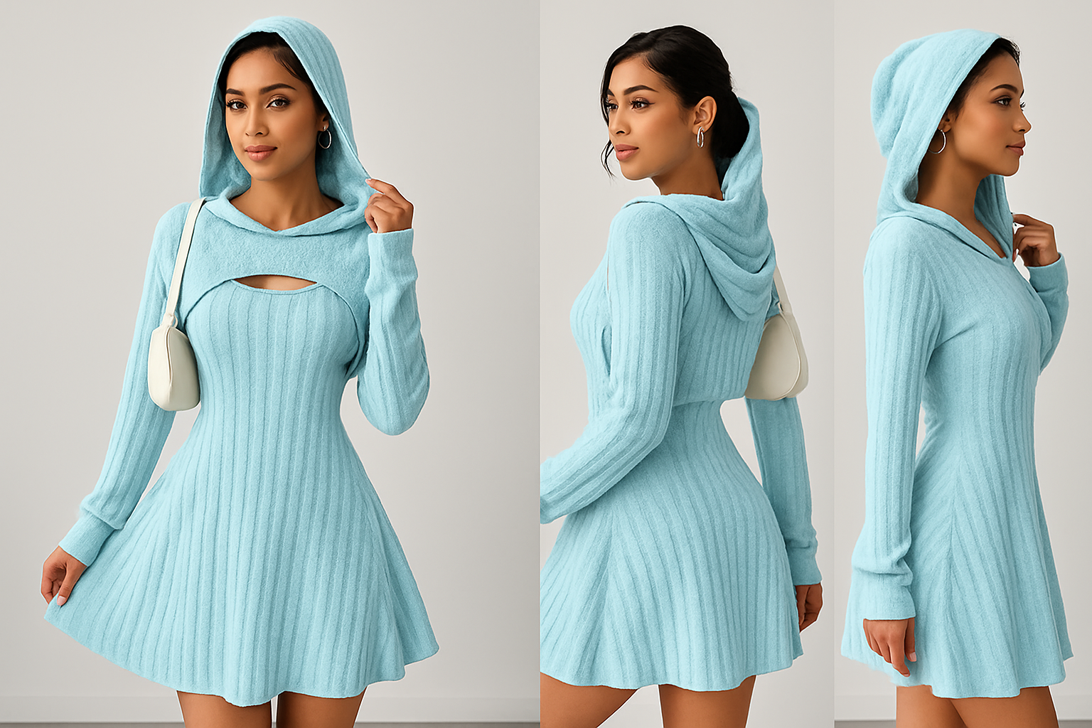 Light Blue Ribbed Knit Skater Dress